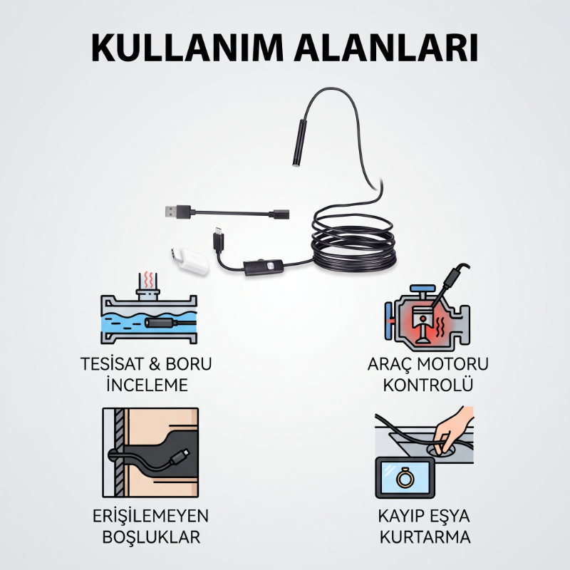 5 Metre Yılan Kamera - LED Işıklı - IP67 Su Geçirmez - 3 Farklı Başlıklı  - 3